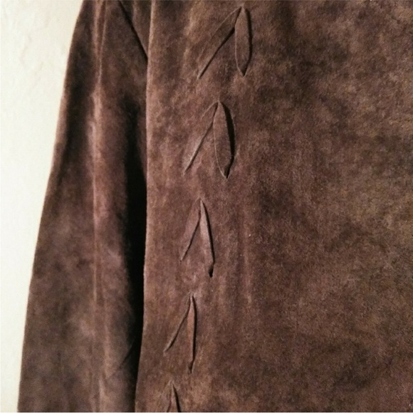 Chico’s Brown Leather Suede Collarless Jacket Coat Topper with Fringe Trim - Picture 10 of 16